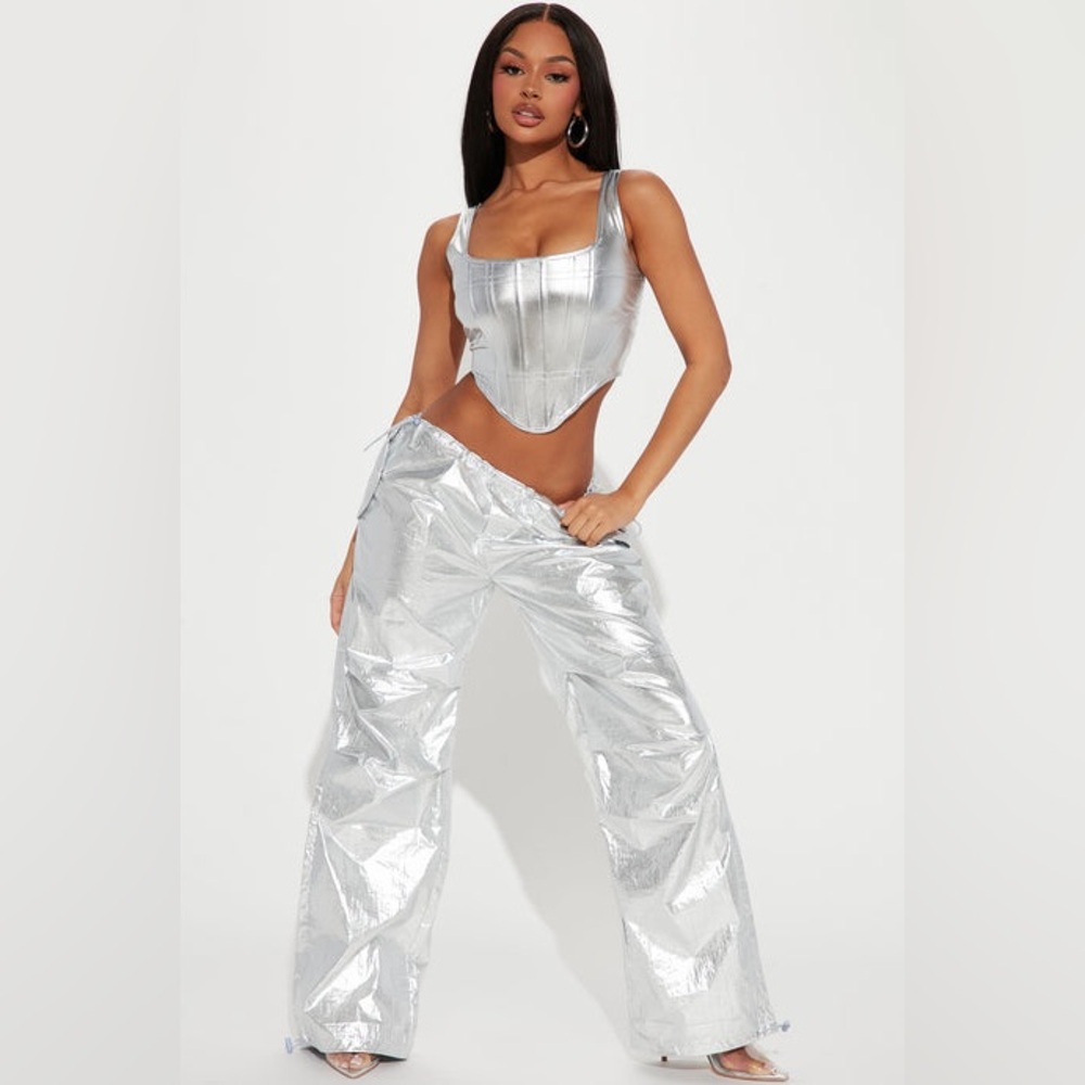 Fashion Nova Metallic Silver Wide Leg Pants BNWT